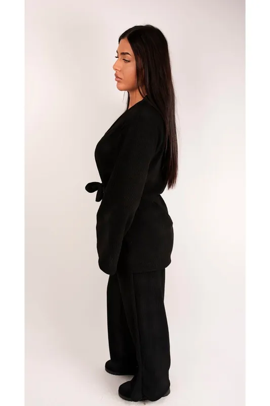 Adalyn Ribbed Wrap Belted Top And Wide Leg Trouser Co-ord Set