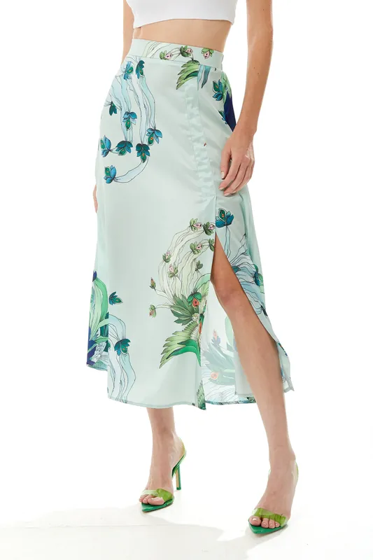 Mint Green Bird Print Midi Skirt - Liquorish