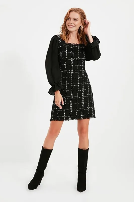 Tweed Argyle A-Line Mini Woven Dress