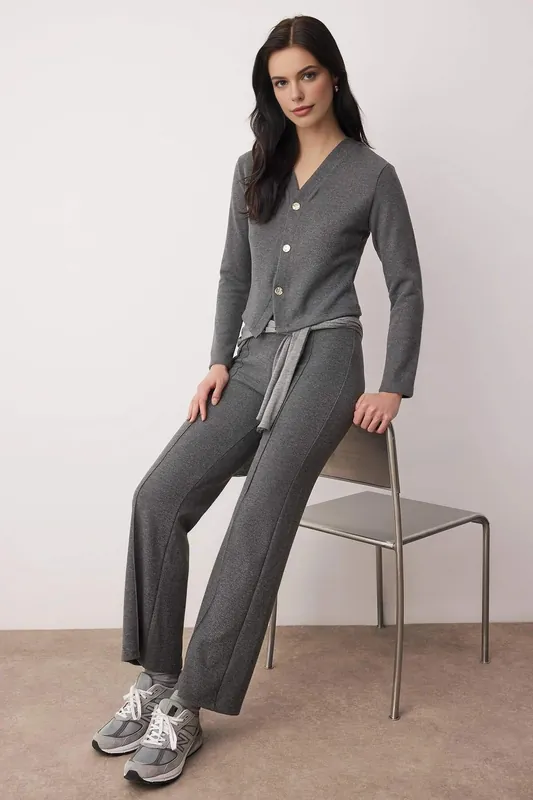 Fitted Button Front Knit Top and Wide Leg Trouser Co-Ord Set