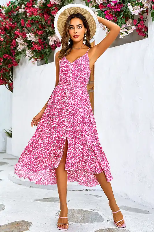 Leopard Print Button Down High Low Strappy Dress In Fuchsia Pink - FS Collection