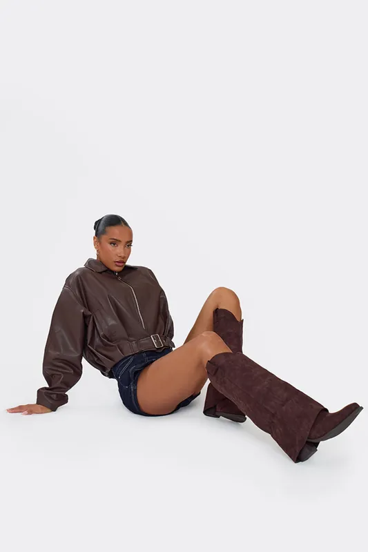 Knee High Embroidered Faux Suede Block Heel Boots - EGO