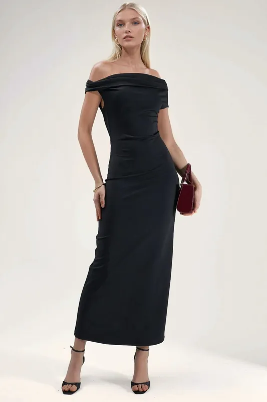 Asymmetrical Collar Bodycon Maxi Dress - Hiccup
