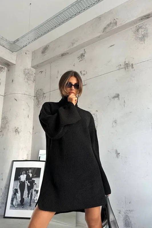 Knitted Turtleneck Long Sleeve Mini Oversized Dress - Hiccup