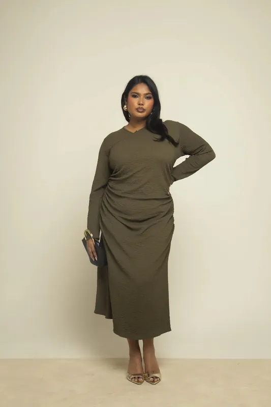 Curve Khaki Textured Wrap Top Long Sleeve Midaxi Dress - FASHION-SZN