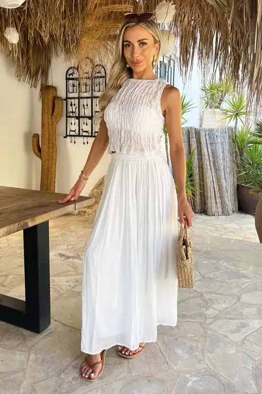 White Pleated Boho Midi Skirt - AX Paris