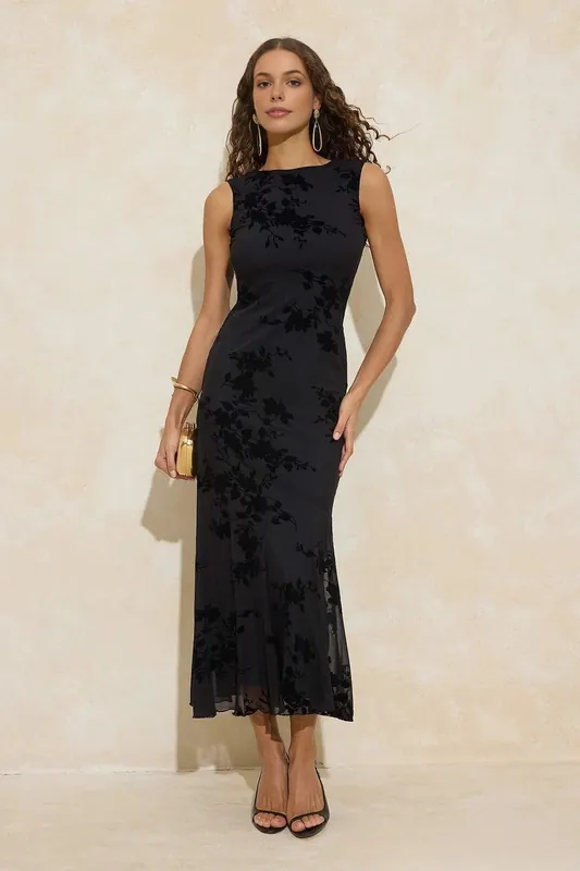 Floral Flocked Mesh Sleeveless Bodycon Maxi Dress - WOVCOR