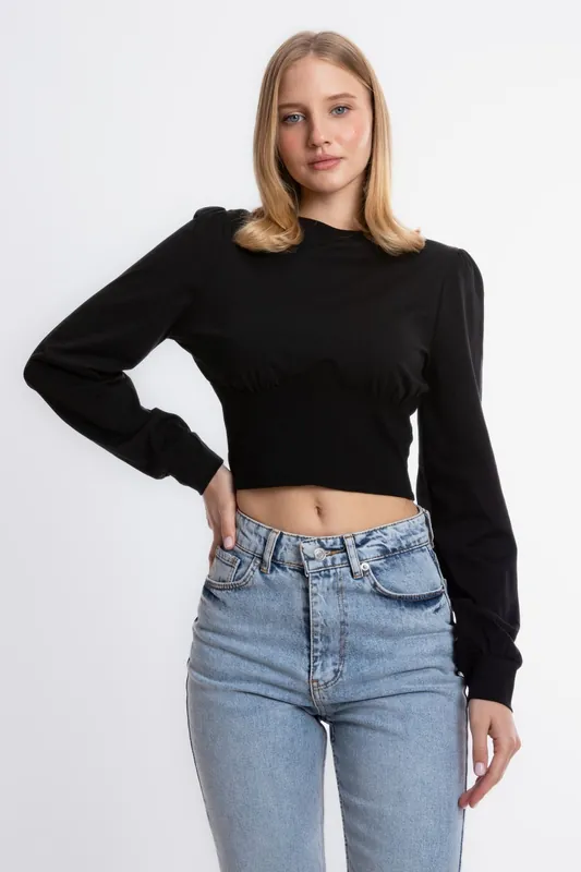 Round Neck Detailed Long Sleeve Cropped Top - Hiccup