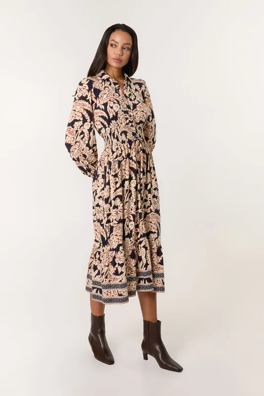Navy Border Print Shirt Dress - Blue Vanilla