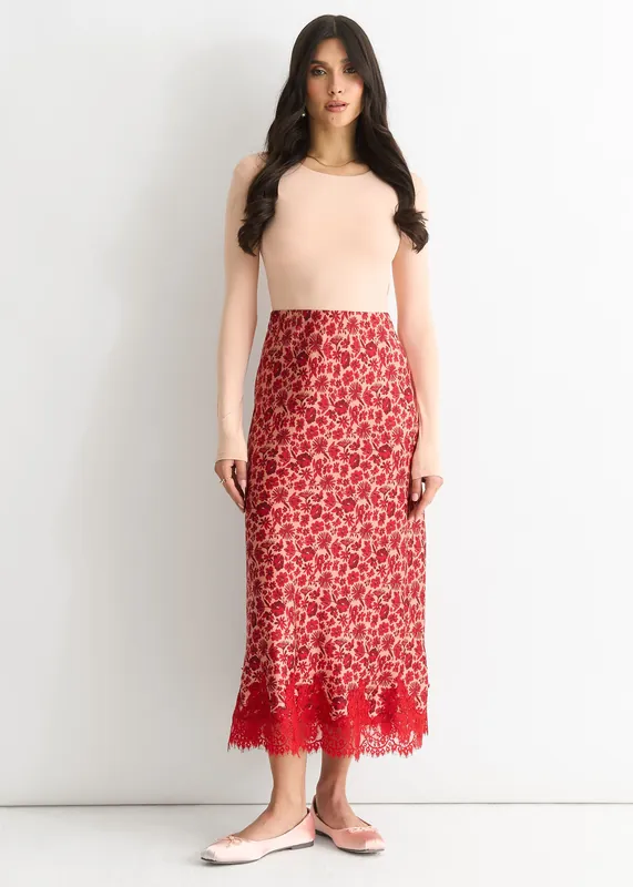 Red Floral Lace Trim Bias Midi Skirt - Gini London