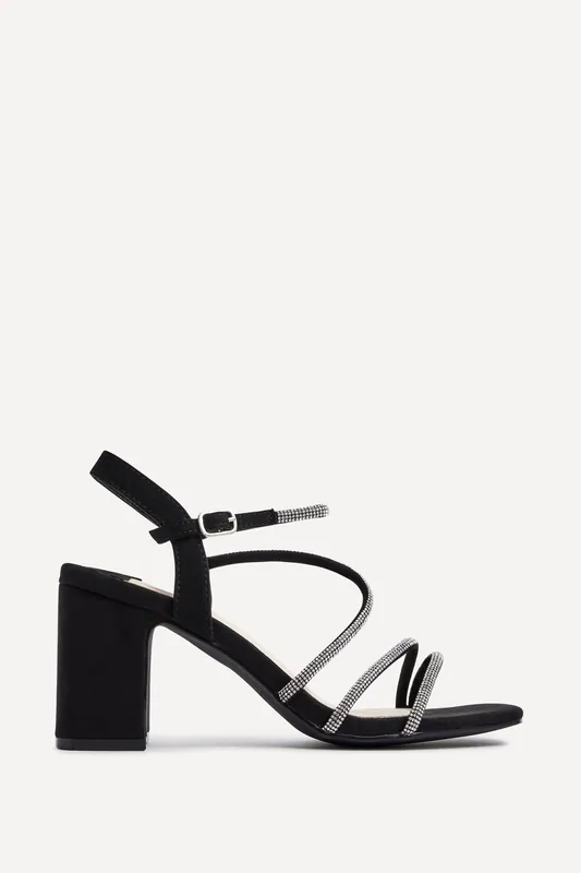 Kira Black Faux Suede Strappy Diamante Block Heel - Linzi