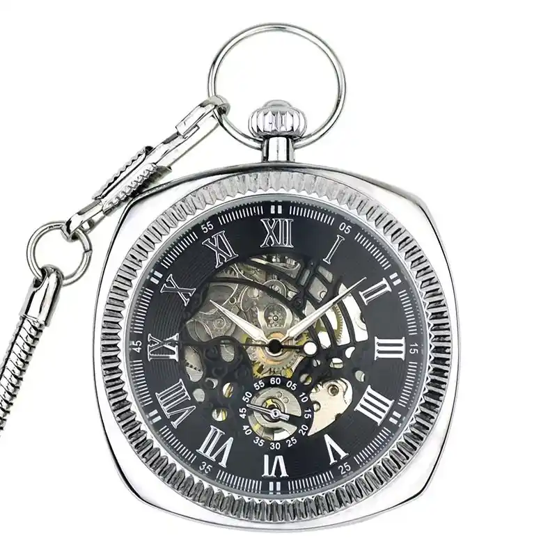 Mechanical Skeleton Open Face Square Pocket Watch With Chain - TruClothing