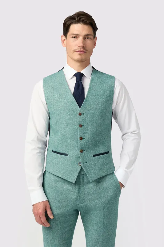 Slim Fit Green Herringbone Tweed Waistcoat - Antique Rogue