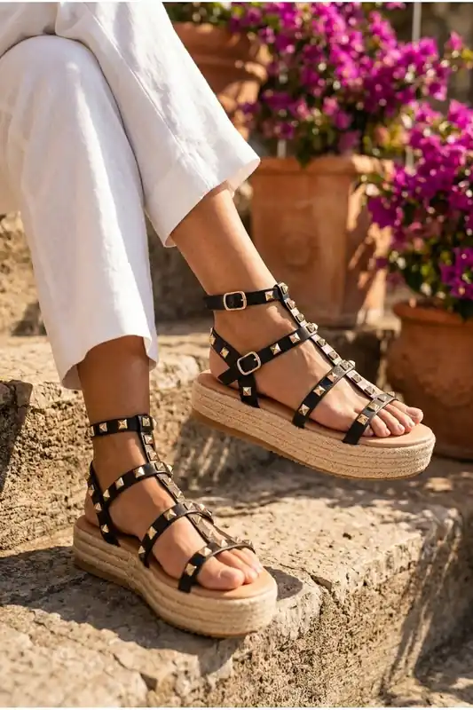 Wendy Studded Gladiator Flatform Espadrille Sandals - IKRUSH