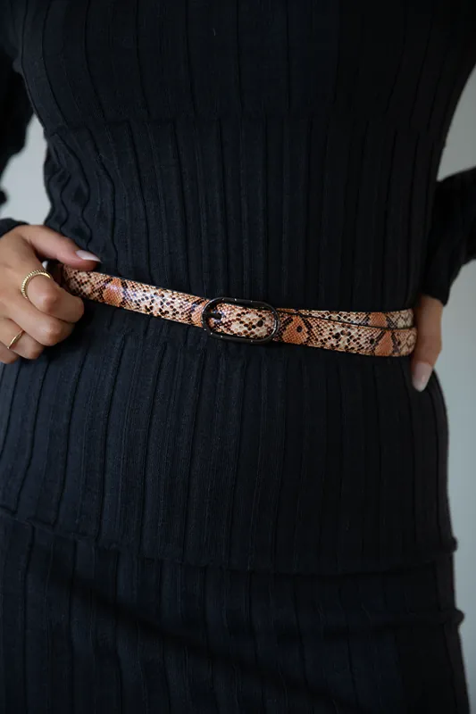 Faux Snake Print Thin Belt in Coral - SVNX