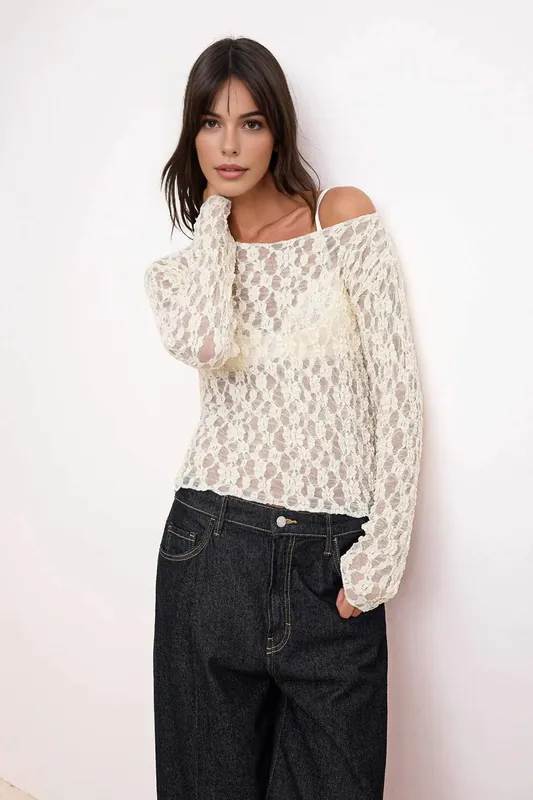 Bardot Neck Lace Detail Fitted Knit Blouse with Long Sleeves - WOVCOR