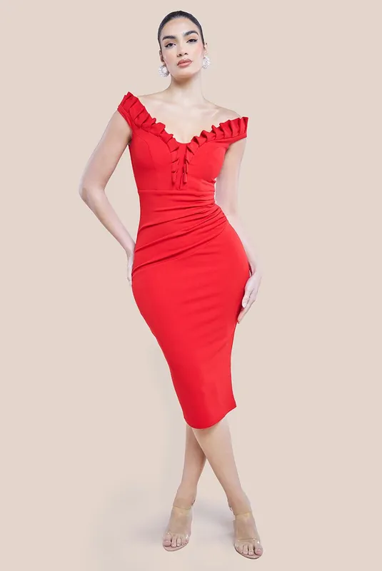 Off The Shoulder Frill Bodice Midi Dress - Goddiva