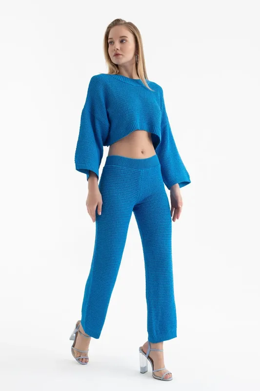 Crew Neck Knitted Top & Mid Rise Straight Leg Trousers Set - Hiccup