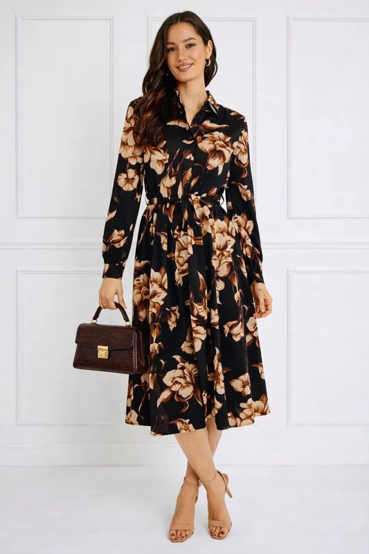 Navy Botanical Print Belted Midi Shirt Dress - Love Sunshine
