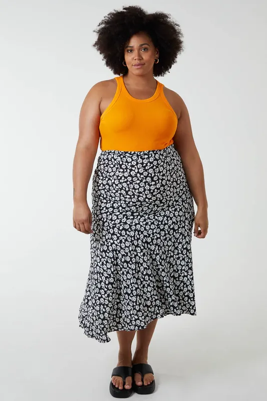 Plus Size Asymmetric Seam Midi Skirt - Blue Vanilla