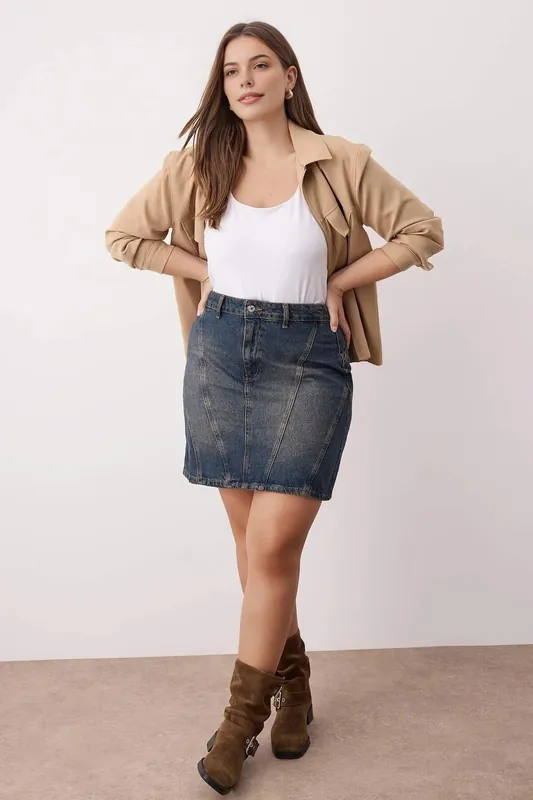 High Waist Denim Mini Skirt with Seam Detail and Slim Fit - WOVCOR