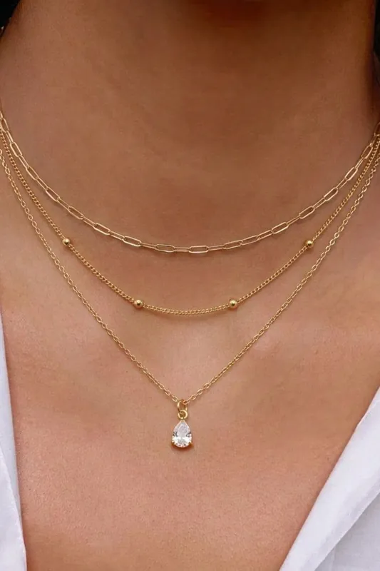 Gold 3 Layer Diamond Droplet Necklace - Serla