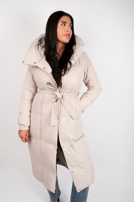 Velina Longline Puffer Coat With Belted Waist - IKRUSH