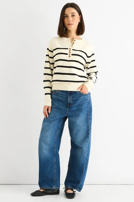 Cream Stripe Button Up Loose Fit Knit Jumper - Gini London