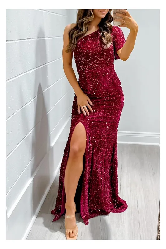 Pitaya Pink One Shoulder Thigh High Split Bodycon Sequin Gown - Everyday The Label