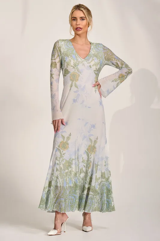 Long Sleeve Godet Mesh Maxi Dress - Jolie Moi