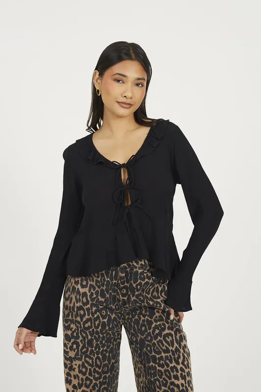 Bell Sleeve Frill Tie Front Blouse - Brave Soul