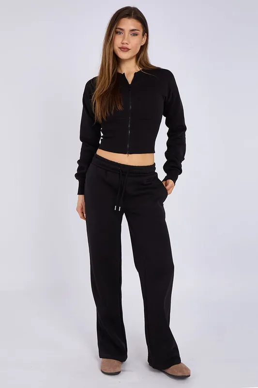 Cropped Zip Up Sweatshirt and Wide Leg Trouser Tracksuit - STYLEWISE