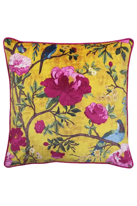 Chinoiserie Floral Printed Piped Cushion - Paoletti