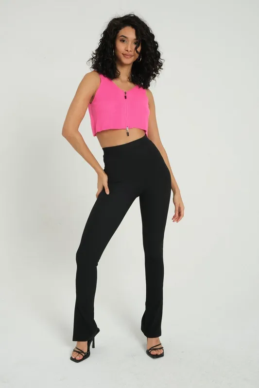V Neck Knitted Ribbed Zippered Crop Top - Hiccup