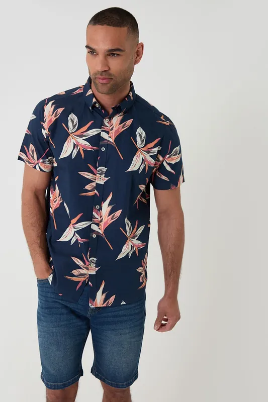 Tropical Leaf Print Cotton Short Sleeve Shirt - Threadbare