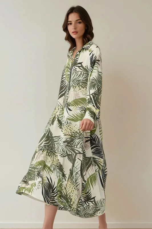 Shirt Collar Flower Pattern Maxi Dress - Hiccup