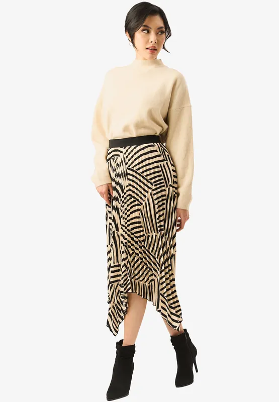 Beige Assymetric Hem Pleated Midi Skirt - Gini London