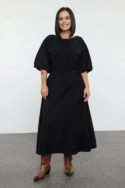 Round Neck Puff Sleeve Elastic Waist Midi Dress - WOVCOR
