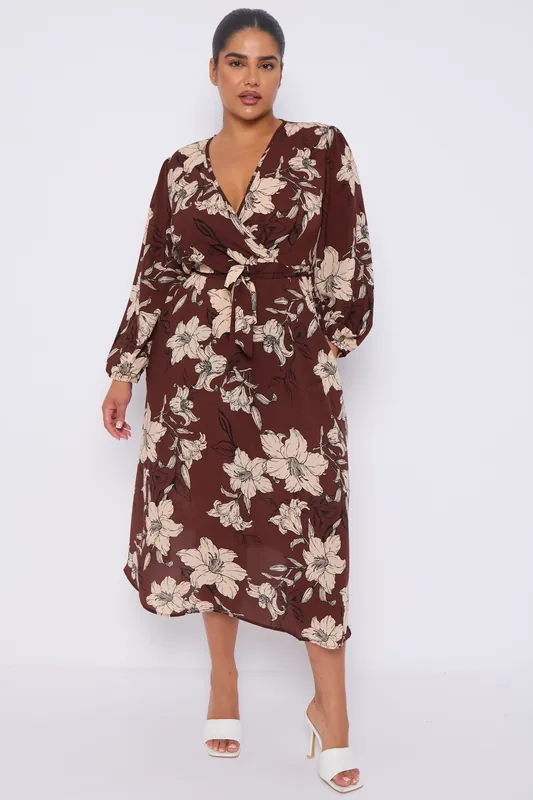 Brown Floral Print Crossover Midi Dress - Love Sunshine