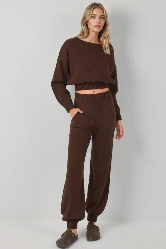 Ribbed Cropped Crew Neck Sweater & Elastic Cuff Pants Knit Co-Ord Set