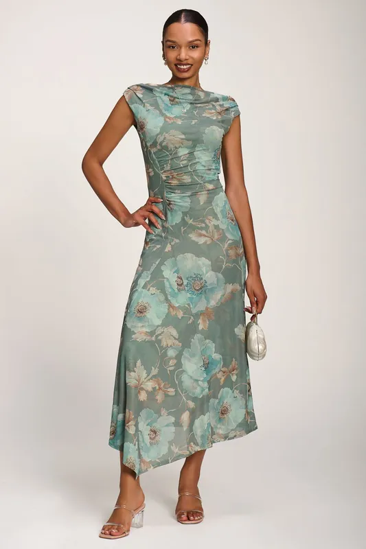 Asymmetric Draped Mesh Maxi Dress - Jolie Moi