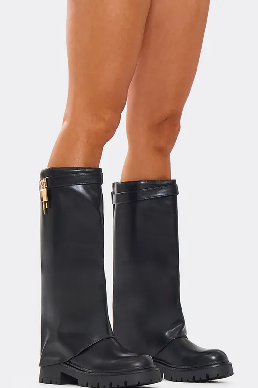 Knee High Layered Faux Leather Chunky Boots - EGO