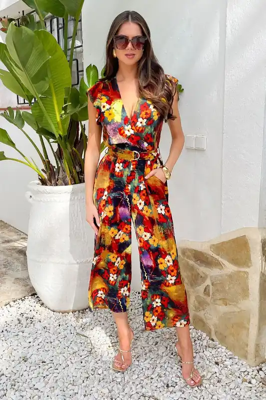 Multi Floral Print Wrap Top Flutter Sleeve Belted Jumpsuit - AX Paris