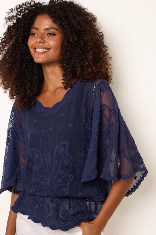 Floral Lace Butterfly Sleeve Blouse - Blue Vanilla