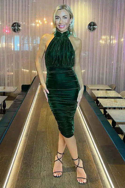 Green Velvet Halterneck Midi Dress - AX Paris