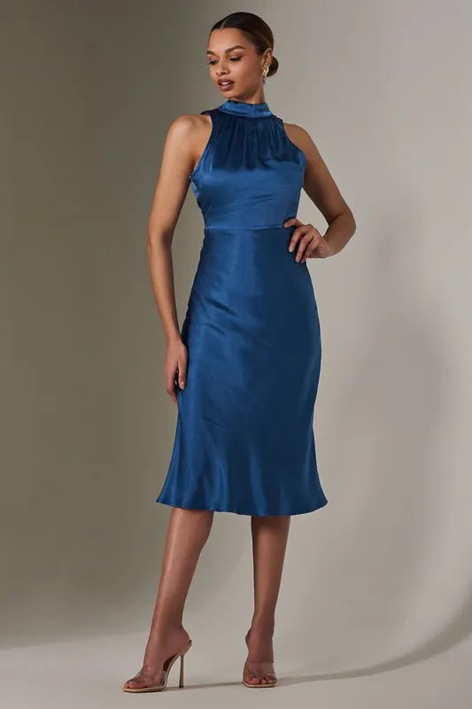 Satin Halter Neck Midi Dress - Jolie Moi