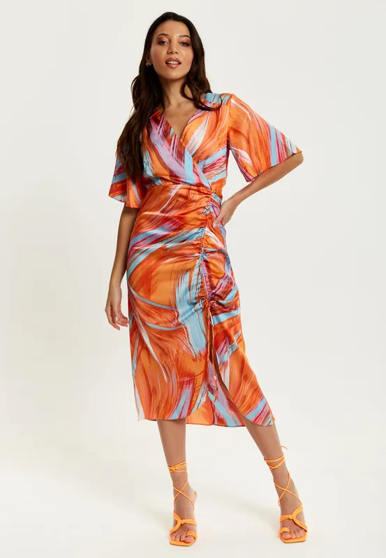 Rouching Detail Abstract Brush Stroke Print Midi Dress In Orange - Liquorish