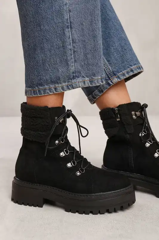 Kaia' Lace Up Ankle Boot With Sherpa Trim And Chunky Sole - Where's That From