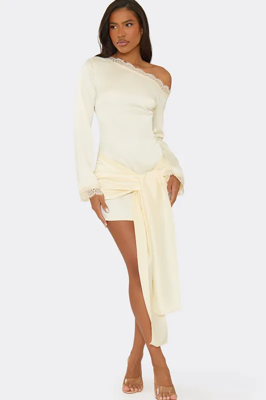 Long Sleeve Lace Trim Mini Dress - EGO