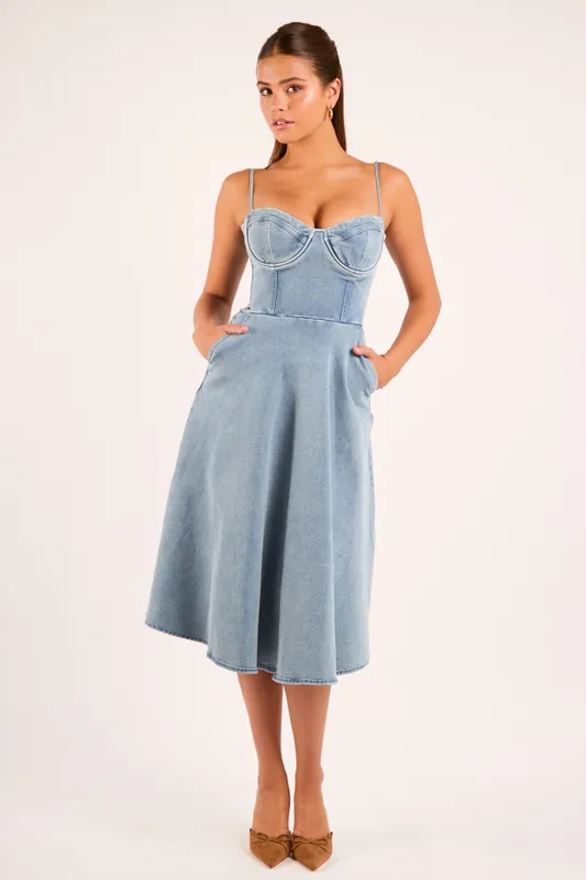 Jade Blue Denim Bustier Corset Midi Dress - Jaded Rose